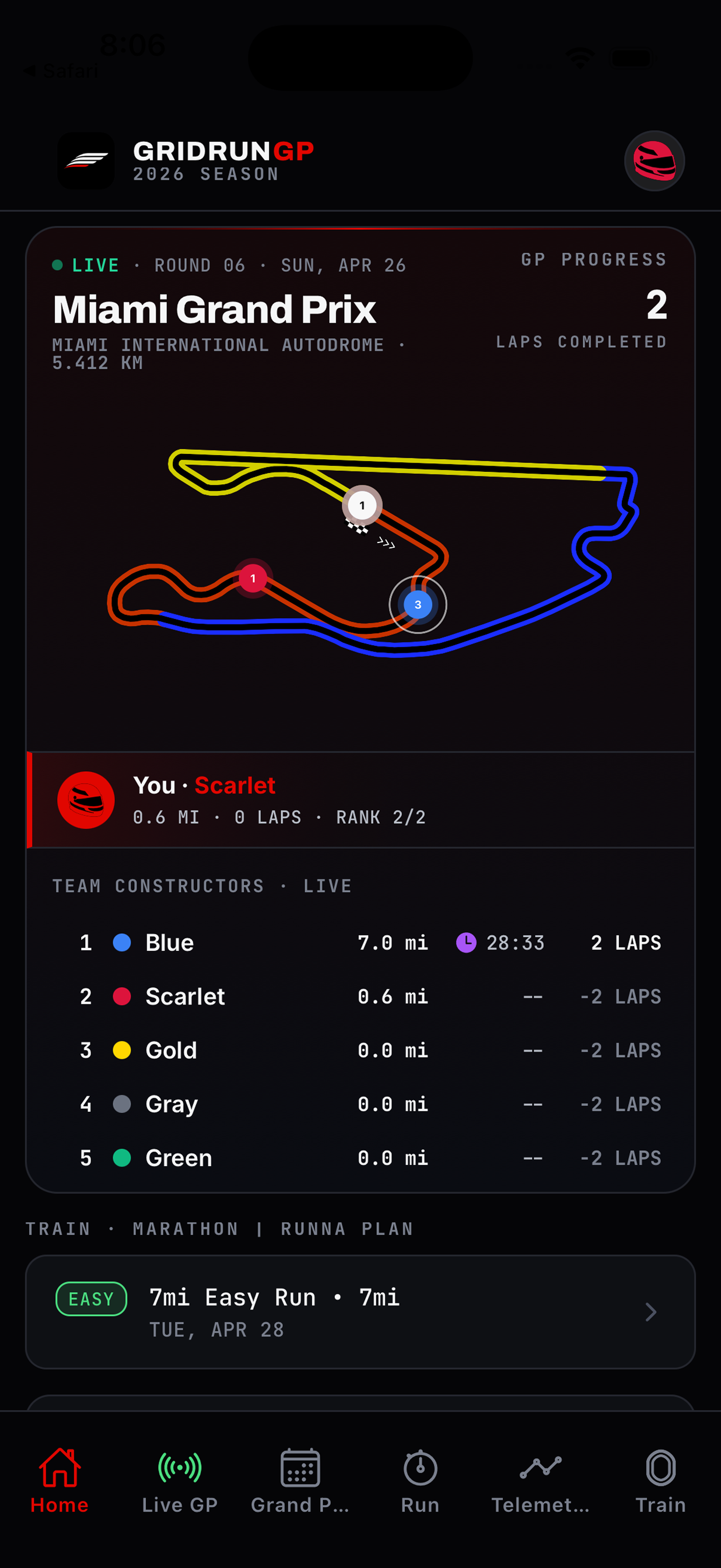 GridRunGP race-week dashboard showing team miles, leaderboard, and constructor standings